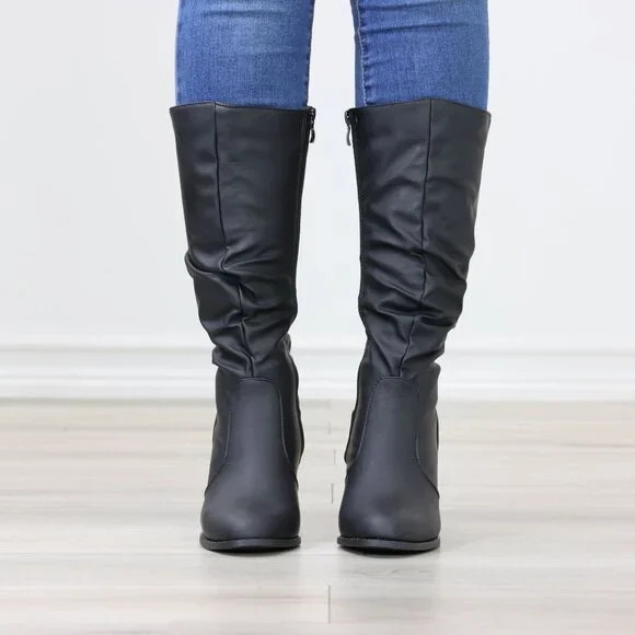 Black Mid-Calf Boots Faux leather Side Zip Block Heel Slouched Shaft - Picture 12 of 15